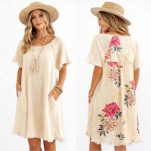 Umgee Women’s M Linen Blend Shift Dress Cream Floral Fringe Hem Boho Festival